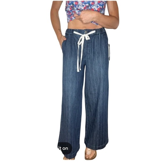Risen Jeans Denim - Risen Jeans Los Angeles Pinstripe Wide Leg Denim Pants Indigo Blue Womens Large